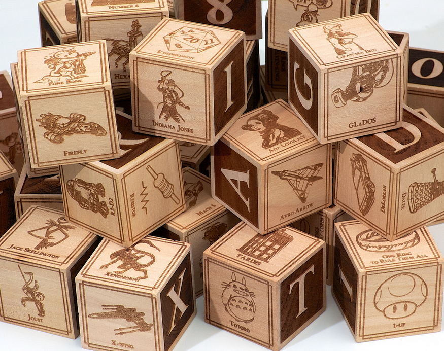 A collection of geeky alphabet building blocks by Jonathan Guberman